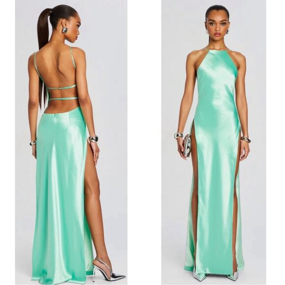 Retrofete Nyssa Halterneck High Slit Pistachio Green Maxi Dress Size Small - Picture 2 of 10